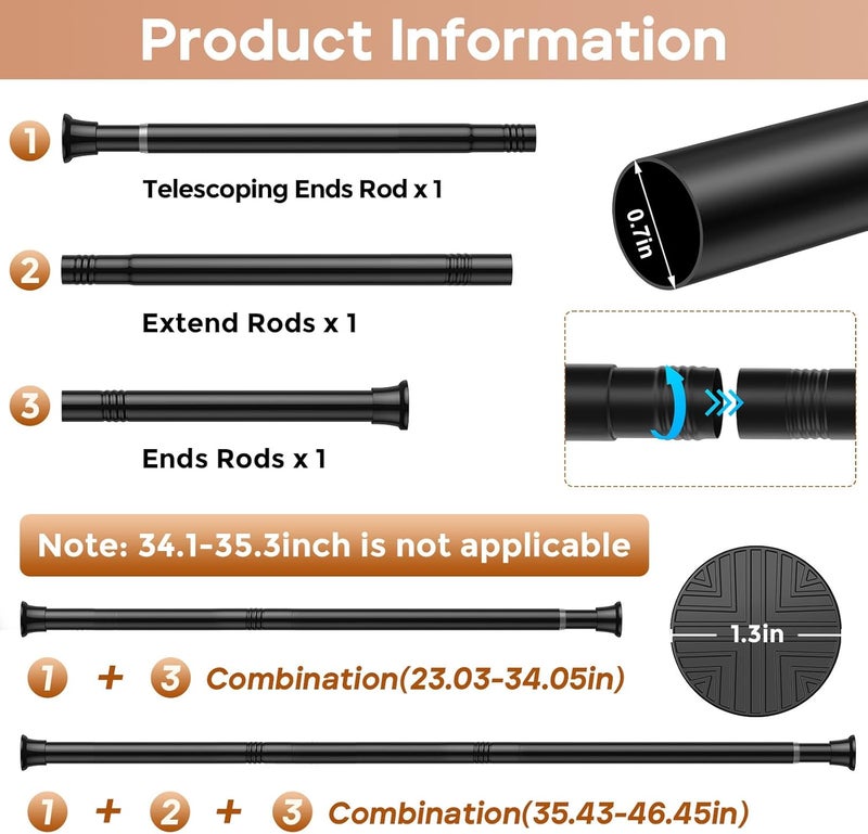 WEIXINHAI 2 Pack Black Spring Tension Curtain Rods 23-46 Inch Adjustable Expandable Spring Loaded Curtain Rods No Drilling Suitable for Small Short Tension Rods 23-34 Inch Doors, Windows, Closet - Image 2